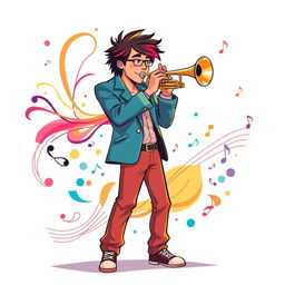 A full-body illustration of a man playing the trumpet in a style inspired by the initial images generated for the request 'Draw a picture of a rocker playing an electric guitar in IncrediBox style,' but with a more refined and less cartoonish approach