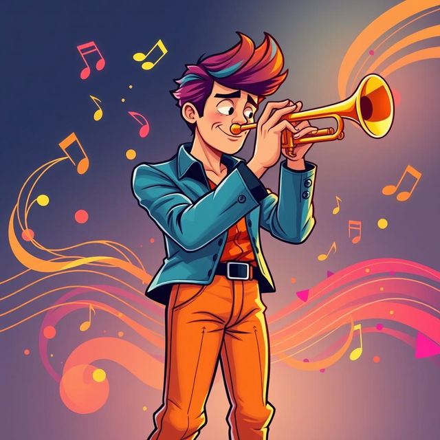 A full-body illustration of a man playing the trumpet in a style inspired by the initial images generated for the request 'Draw a picture of a rocker playing an electric guitar in IncrediBox style,' but with a more refined and less cartoonish approach