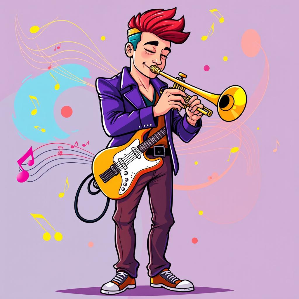 A full-body illustration of a man playing the trumpet in a style inspired by the initial images generated for the request 'Draw a picture of a rocker playing an electric guitar in IncrediBox style,' but with a more refined and less cartoonish approach