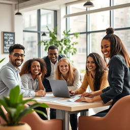 A positive corporate image featuring a diverse group of smiling professionals engaged in teamwork within a modern office setting