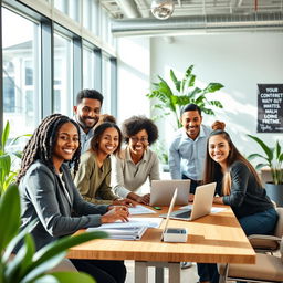 A positive corporate image featuring a diverse group of smiling professionals engaged in teamwork within a modern office setting