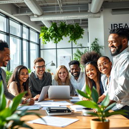 A positive corporate image featuring a diverse group of smiling professionals engaged in teamwork within a modern office setting
