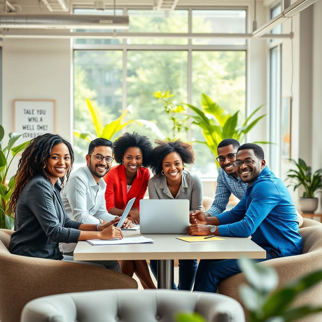 A positive corporate image featuring a diverse group of smiling professionals engaged in teamwork within a modern office setting