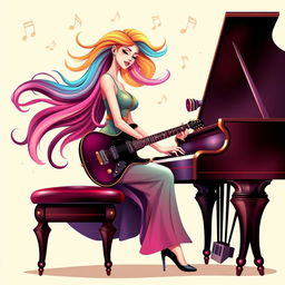 An illustration of a woman playing the piano, influenced by the initial images generated for the request 'Draw a picture of a rocker playing an electric guitar in IncrediBox style,' but with a more elegant and refined approach