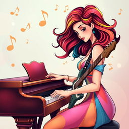 An illustration of a woman playing the piano, influenced by the initial images generated for the request 'Draw a picture of a rocker playing an electric guitar in IncrediBox style,' but with a more elegant and refined approach