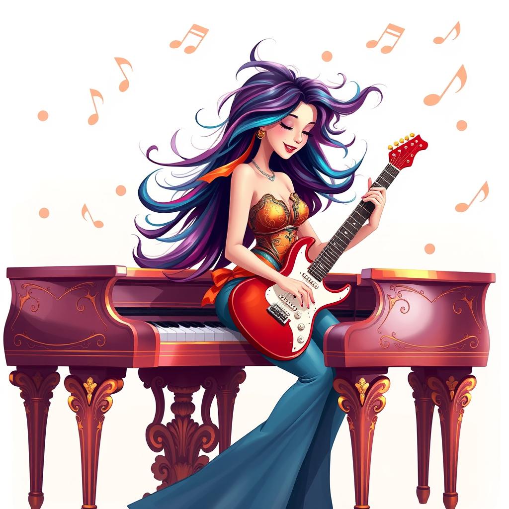 An illustration of a woman playing the piano, influenced by the initial images generated for the request 'Draw a picture of a rocker playing an electric guitar in IncrediBox style,' but with a more elegant and refined approach