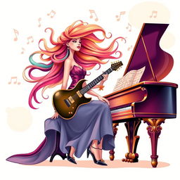 An illustration of a woman playing the piano, influenced by the initial images generated for the request 'Draw a picture of a rocker playing an electric guitar in IncrediBox style,' but with a more elegant and refined approach