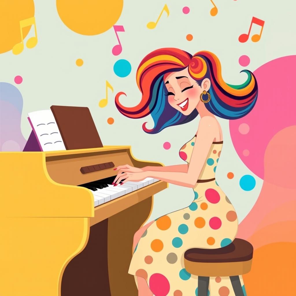 An illustration of a woman playing the piano in an IncrediBox style