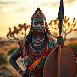 A fierce Zulu warrior woman clad in traditional attire, showcasing her vibrant cultural heritage