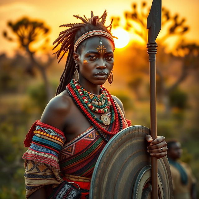 A fierce Zulu warrior woman clad in traditional attire, showcasing her vibrant cultural heritage