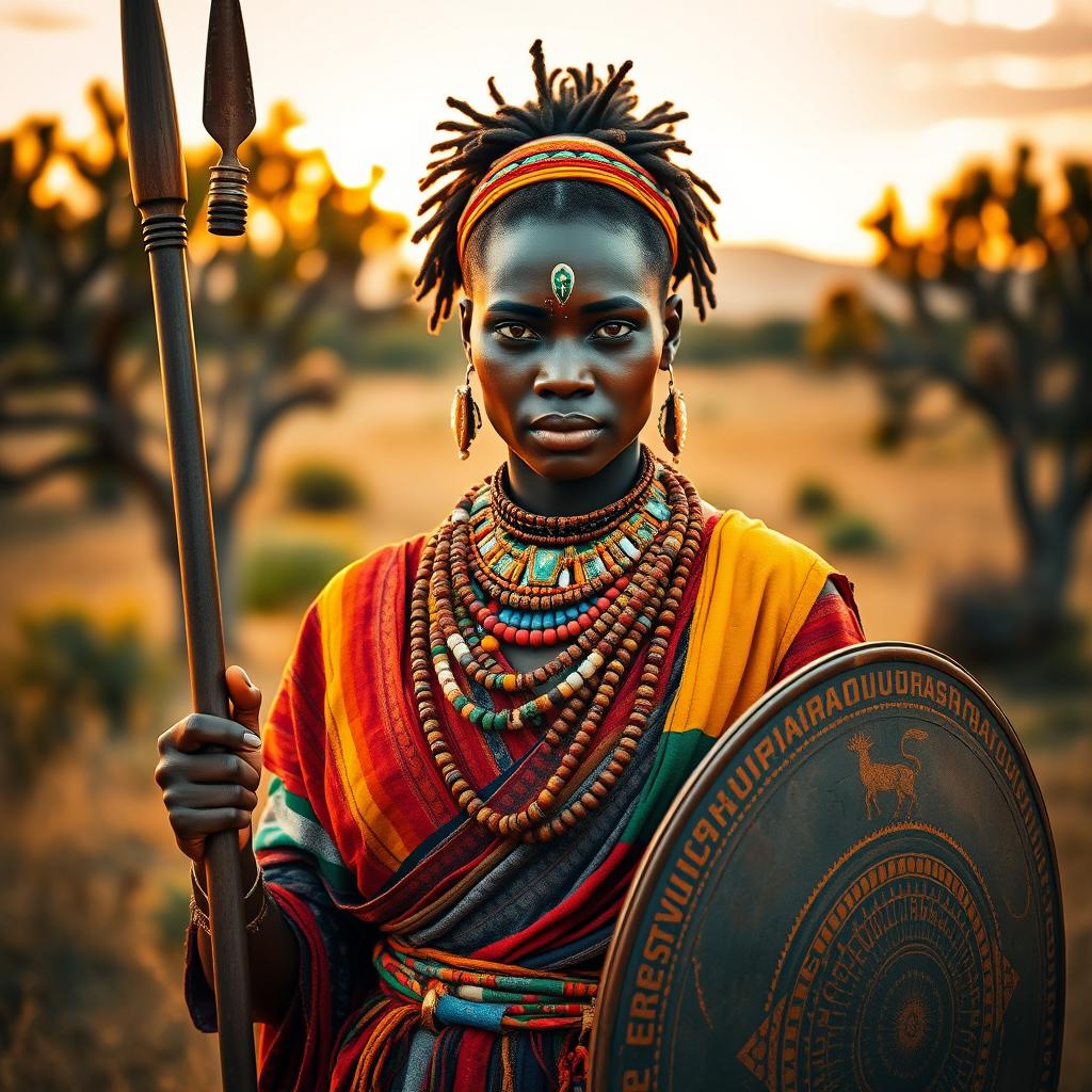 A fierce Zulu warrior woman clad in traditional attire, showcasing her vibrant cultural heritage