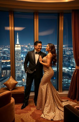 A luxurious scene featuring a billionaire and his glamorous girlfriend in a lavish penthouse suite