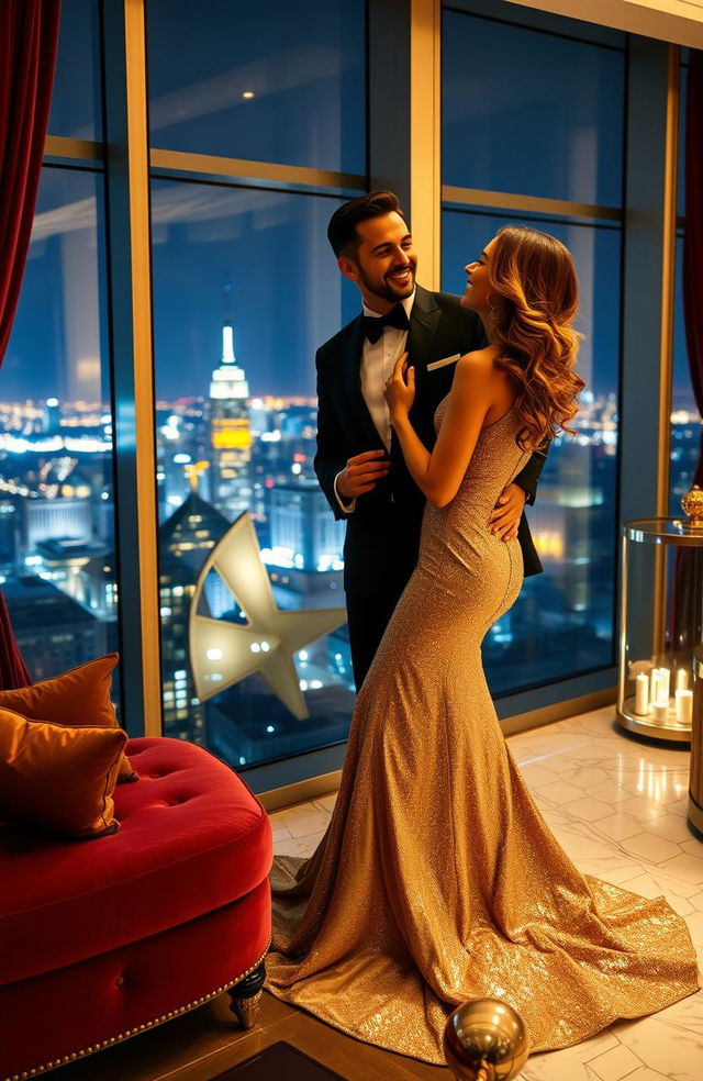 A luxurious scene featuring a billionaire and his glamorous girlfriend in a lavish penthouse suite