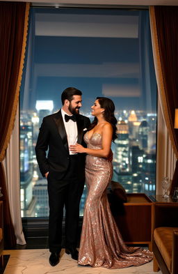 A luxurious scene featuring a billionaire and his glamorous girlfriend in a lavish penthouse suite