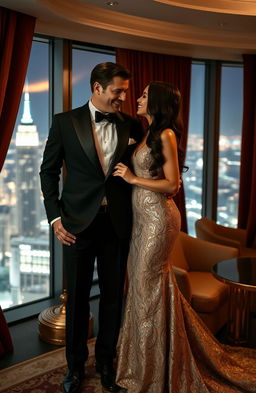 A luxurious scene featuring a billionaire and his glamorous girlfriend in a lavish penthouse suite