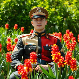 A soldier in a tri-colored military uniform, sitting peacefully in a lush garden filled with vibrant red and yellow hyacinth flowers