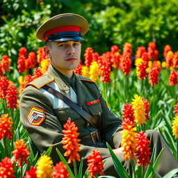 A soldier in a tri-colored military uniform, sitting peacefully in a lush garden filled with vibrant red and yellow hyacinth flowers