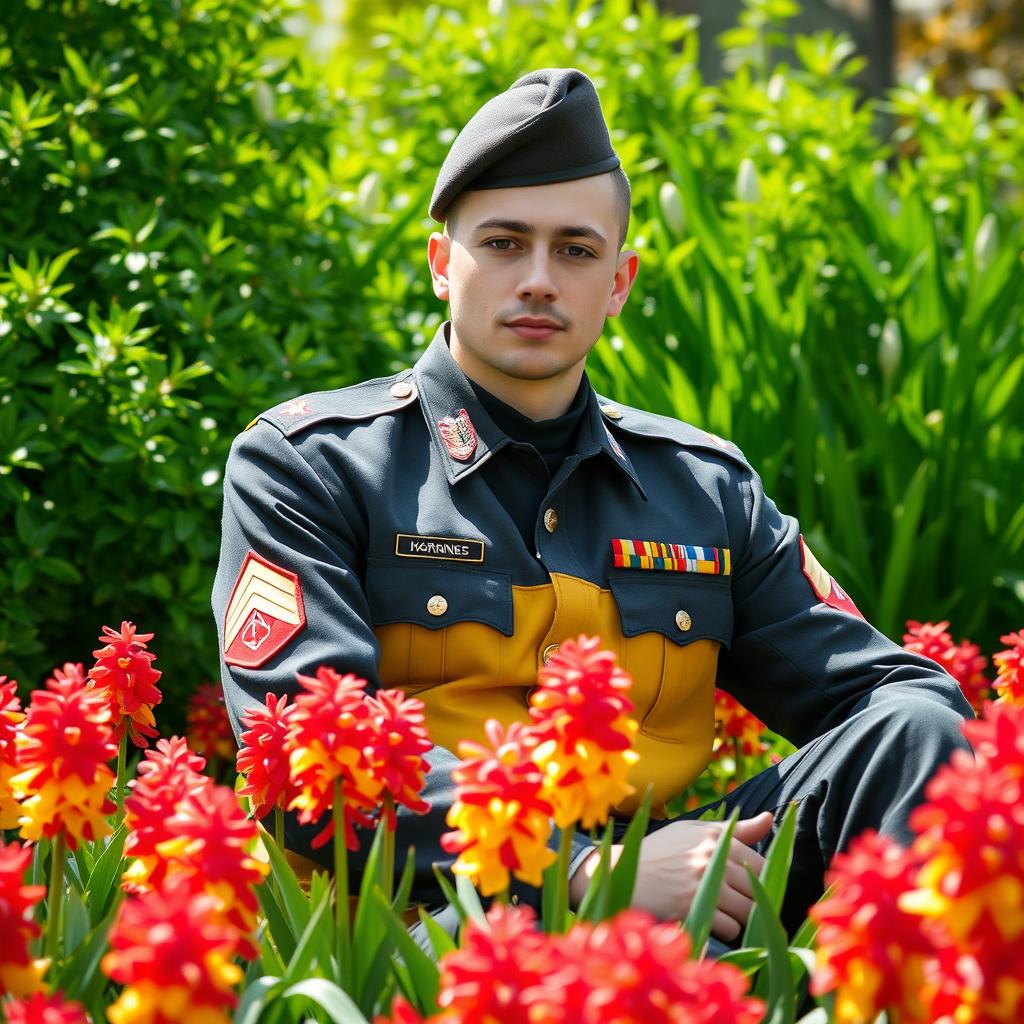 A soldier in a tri-colored military uniform, sitting peacefully in a lush garden filled with vibrant red and yellow hyacinth flowers