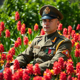 A soldier in a tri-colored military uniform, sitting peacefully in a lush garden filled with vibrant red and yellow hyacinth flowers