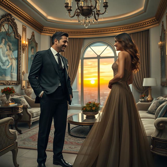 A captivating scene depicting a billionaire and his stunning girlfriend in a lavish mansion