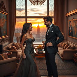 A captivating scene depicting a billionaire and his stunning girlfriend in a lavish mansion