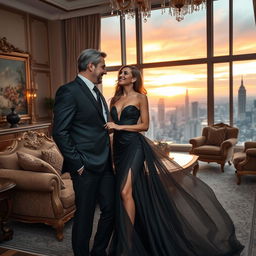 A captivating scene depicting a billionaire and his stunning girlfriend in a lavish mansion