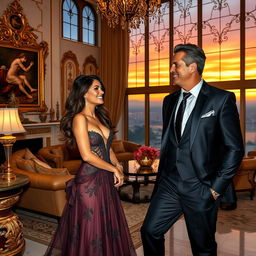 A captivating scene depicting a billionaire and his stunning girlfriend in a lavish mansion