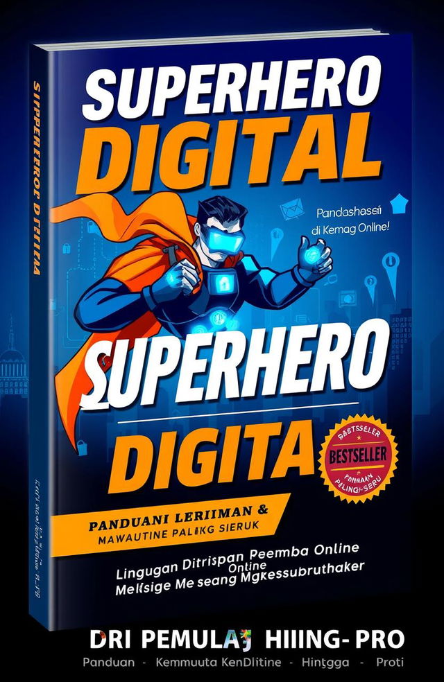 A vibrant book cover design titled "SUPERHERO DIGITAL: Panduan Lengkap Privasi & Keamanan Online untuk Semua" with an engaging tagline "Lindungi Dirimu di Rimba Digital dengan Cara yang Menyenangkan!"