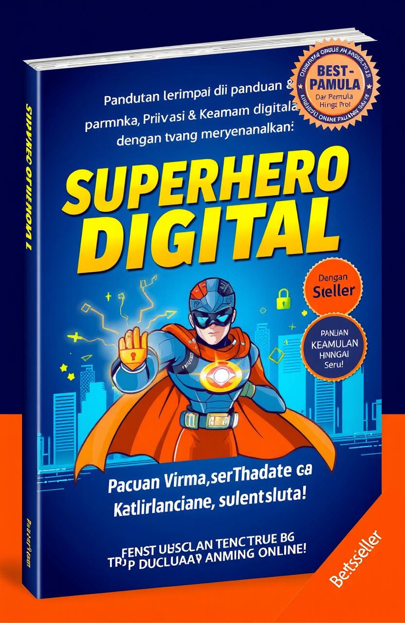 A vibrant book cover design titled "SUPERHERO DIGITAL: Panduan Lengkap Privasi & Keamanan Online untuk Semua" with an engaging tagline "Lindungi Dirimu di Rimba Digital dengan Cara yang Menyenangkan!"