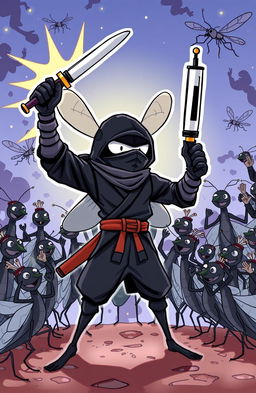 A comic-style illustration of a heroic mosquito wearing a black ninja outfit, complete with a mask and a tiny katana at his side, dramatically raising a large syringe as if it were a sword