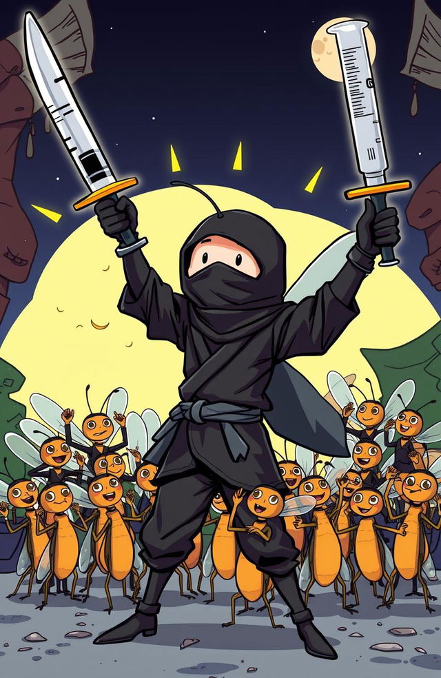 A comic-style illustration of a heroic mosquito wearing a black ninja outfit, complete with a mask and a tiny katana at his side, dramatically raising a large syringe as if it were a sword