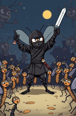 A comic-style illustration of a heroic mosquito wearing a black ninja outfit, complete with a mask and a tiny katana at his side, dramatically raising a large syringe as if it were a sword