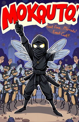 A comic-style illustration of a heroic mosquito wearing a black ninja outfit, complete with a mask and a tiny katana at his side, dramatically raising a large syringe as if it were a sword