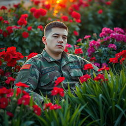 A soldier wearing a three-color camouflaged combat uniform, sitting in a vibrant garden filled with red geraniums and lush green grass