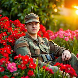 A soldier wearing a three-color camouflaged combat uniform, sitting in a vibrant garden filled with red geraniums and lush green grass