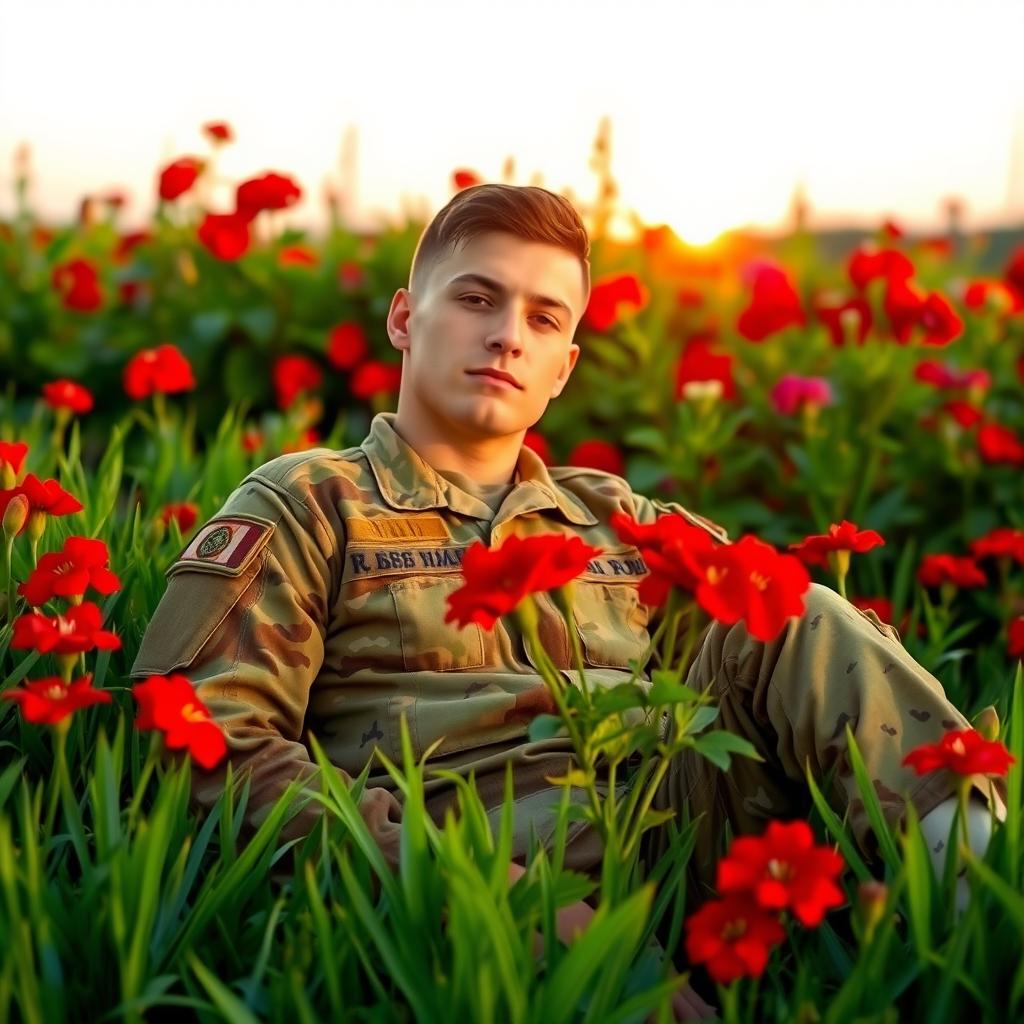 A soldier wearing a three-color camouflaged combat uniform, sitting in a vibrant garden filled with red geraniums and lush green grass