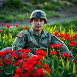 A soldier wearing a three-color camouflaged combat uniform, sitting in a vibrant garden filled with red geraniums and lush green grass