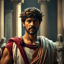A dramatic portrayal of Shah Rukh Khan as Julius Caesar, capturing the essence of the Roman leader with a regal and commanding presence