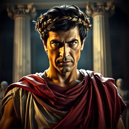 A dramatic portrayal of Shah Rukh Khan as Julius Caesar, capturing the essence of the Roman leader with a regal and commanding presence