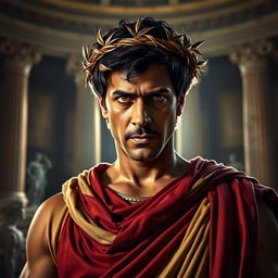 A dramatic portrayal of Shah Rukh Khan as Julius Caesar, capturing the essence of the Roman leader with a regal and commanding presence