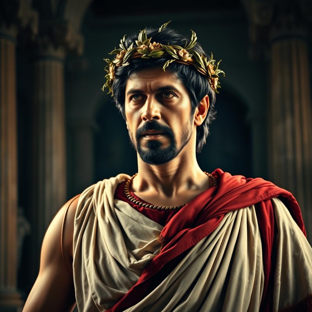 A dramatic portrayal of Shah Rukh Khan as Julius Caesar, capturing the essence of the Roman leader with a regal and commanding presence