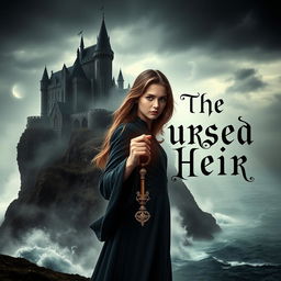 A captivating book cover for a novel titled 'The Cursed Heir', featuring a dark and mystical castle shrouded in mist on a cliff overlooking a stormy sea