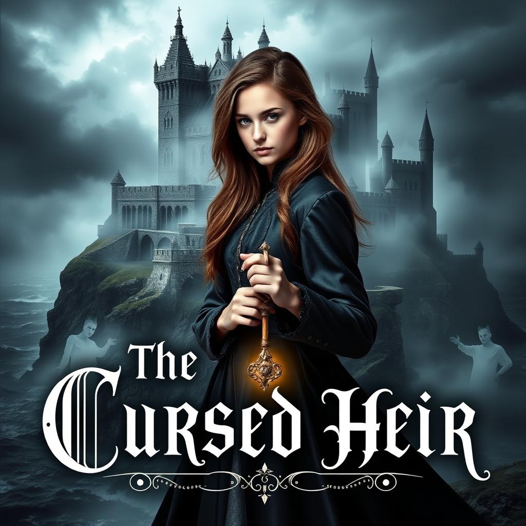 A captivating book cover for a novel titled 'The Cursed Heir', featuring a dark and mystical castle shrouded in mist on a cliff overlooking a stormy sea