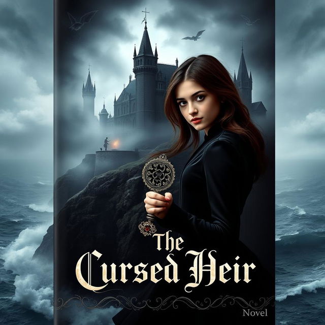 A captivating book cover for a novel titled 'The Cursed Heir', featuring a dark and mystical castle shrouded in mist on a cliff overlooking a stormy sea