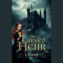 A captivating book cover for a novel titled 'The Cursed Heir', featuring a dark and mystical castle shrouded in mist on a cliff overlooking a stormy sea