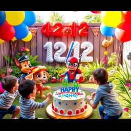 A vibrant and festive birthday party scene for a 4-year-old boy named Lucho, taking place in a colorful garden