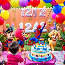 A vibrant and festive birthday party scene for a 4-year-old boy named Lucho, taking place in a colorful garden