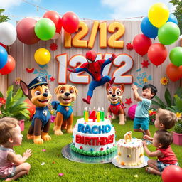 A vibrant and festive birthday party scene for a 4-year-old boy named Lucho, taking place in a colorful garden