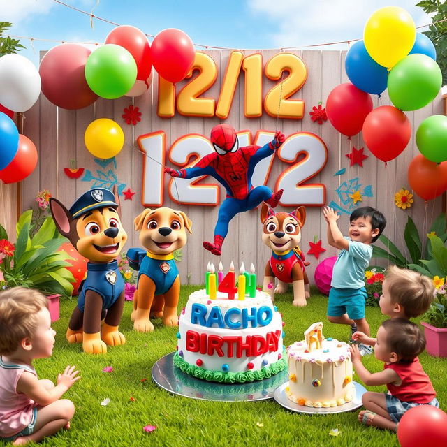 A vibrant and festive birthday party scene for a 4-year-old boy named Lucho, taking place in a colorful garden
