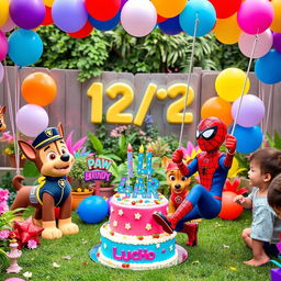 A vibrant and festive birthday party scene for a 4-year-old boy named Lucho, taking place in a colorful garden